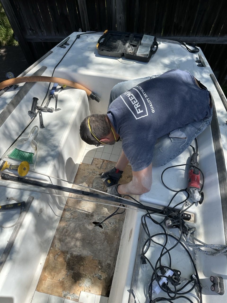 Evan grinding out the old core material